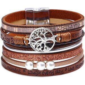 ✨ Malldou Wristbands Cuff Bracelet Women Brown Life Leather Boho Jewelry Gifts